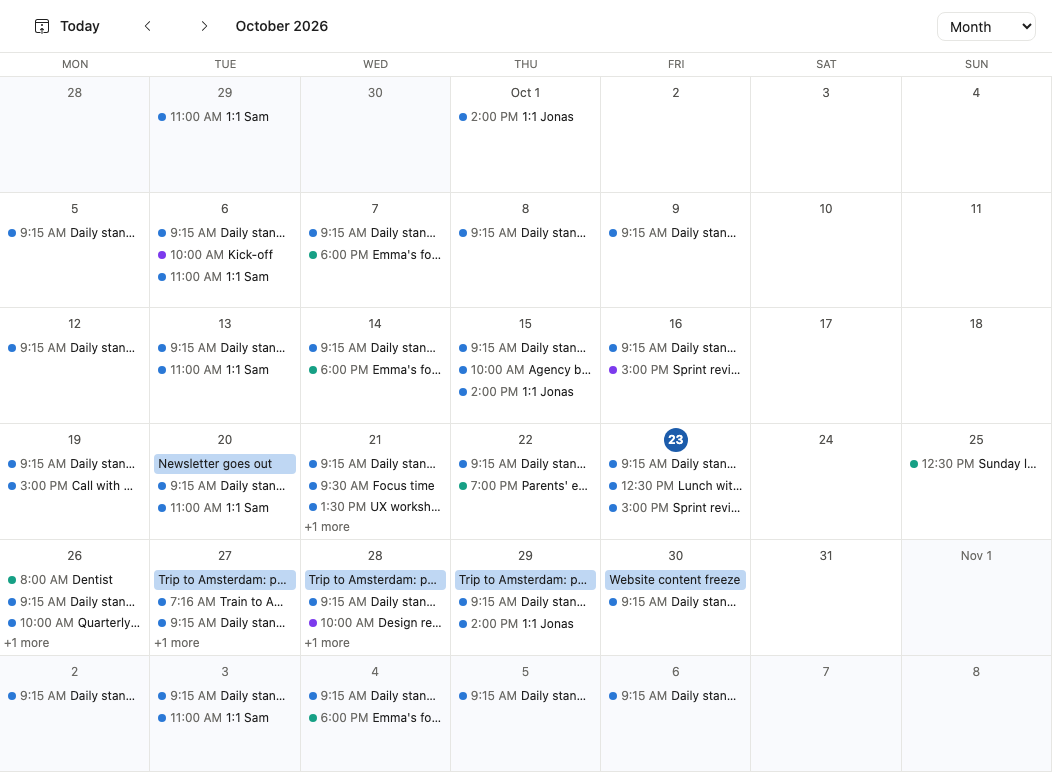 Calendar month view with several colour-coded calendars