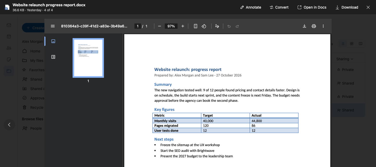 Drive document preview with annotate, convert and open actions