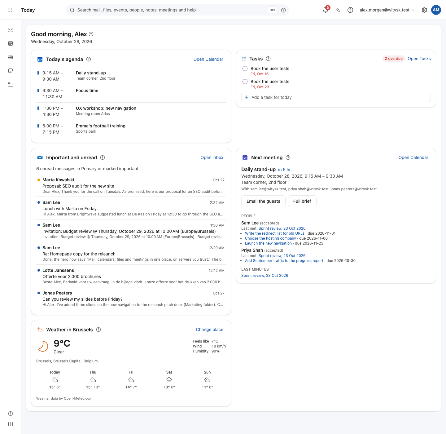 Today page with agenda, tasks, unread mail, next meeting and weather
